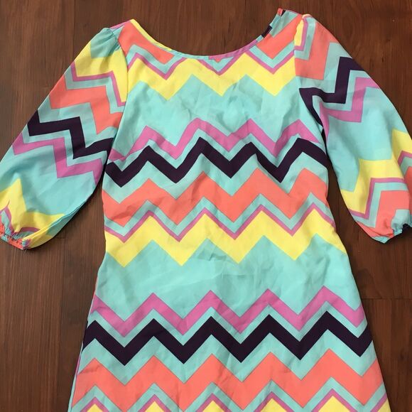 Jun & Min Sz Small Pastel Color Chevron Party Dress Puffy Sleeves Bow On Back - Picture 11 of 12